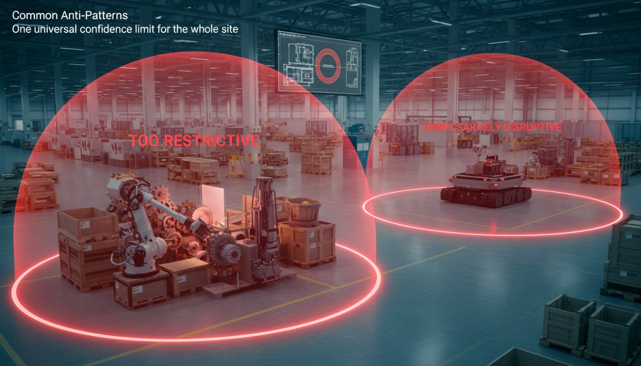 AMR map showing tightly clustered but inaccurate position estimates in the wrong warehouse aisle